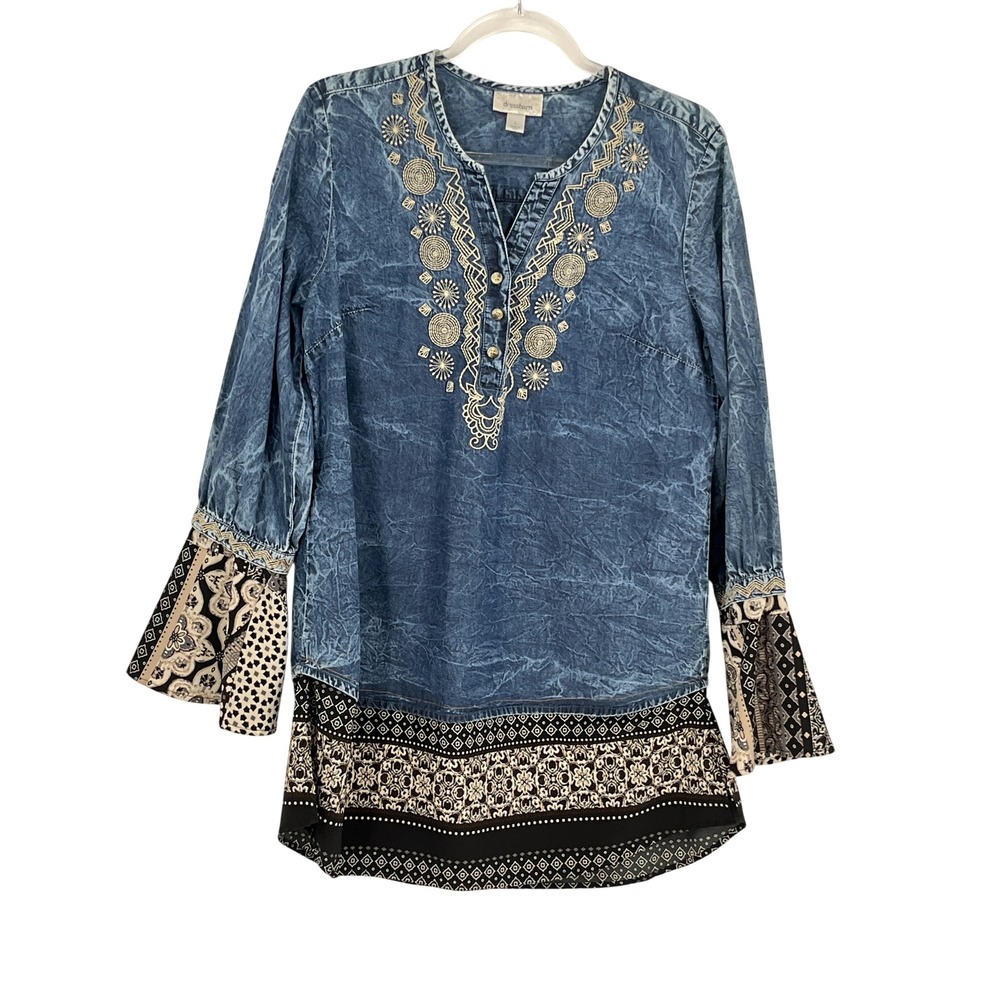 Dressbarn Womens L Boho Tunic Top Blue Acid Wash Embroidered Bell Sleeve Hippie